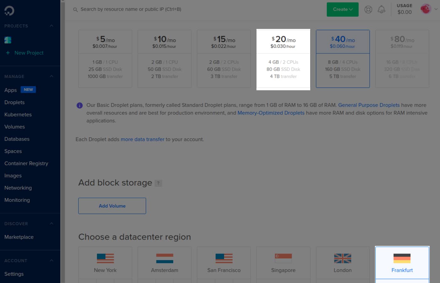 Cloudron droplet settings